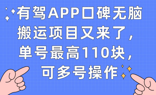 《有驾APP口碑无脑搬运项目》单号最高110块，可多号操作