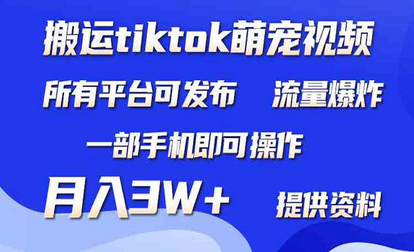 《搬运Tiktok萌宠类视频》所有短视频平台均可操作，月入3W+